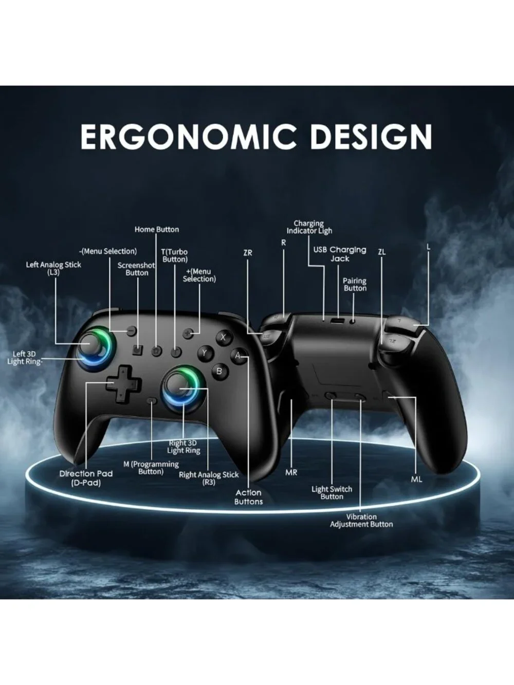 Wireless Switch Controllers 2-Pack with Charging Dock, RGB, Dual Vibration